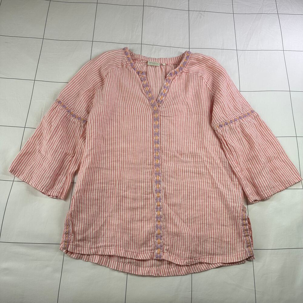 Spartina 449 Top Womens XS Linen Striped Embroidered Bell Sleeve Resort Coastal